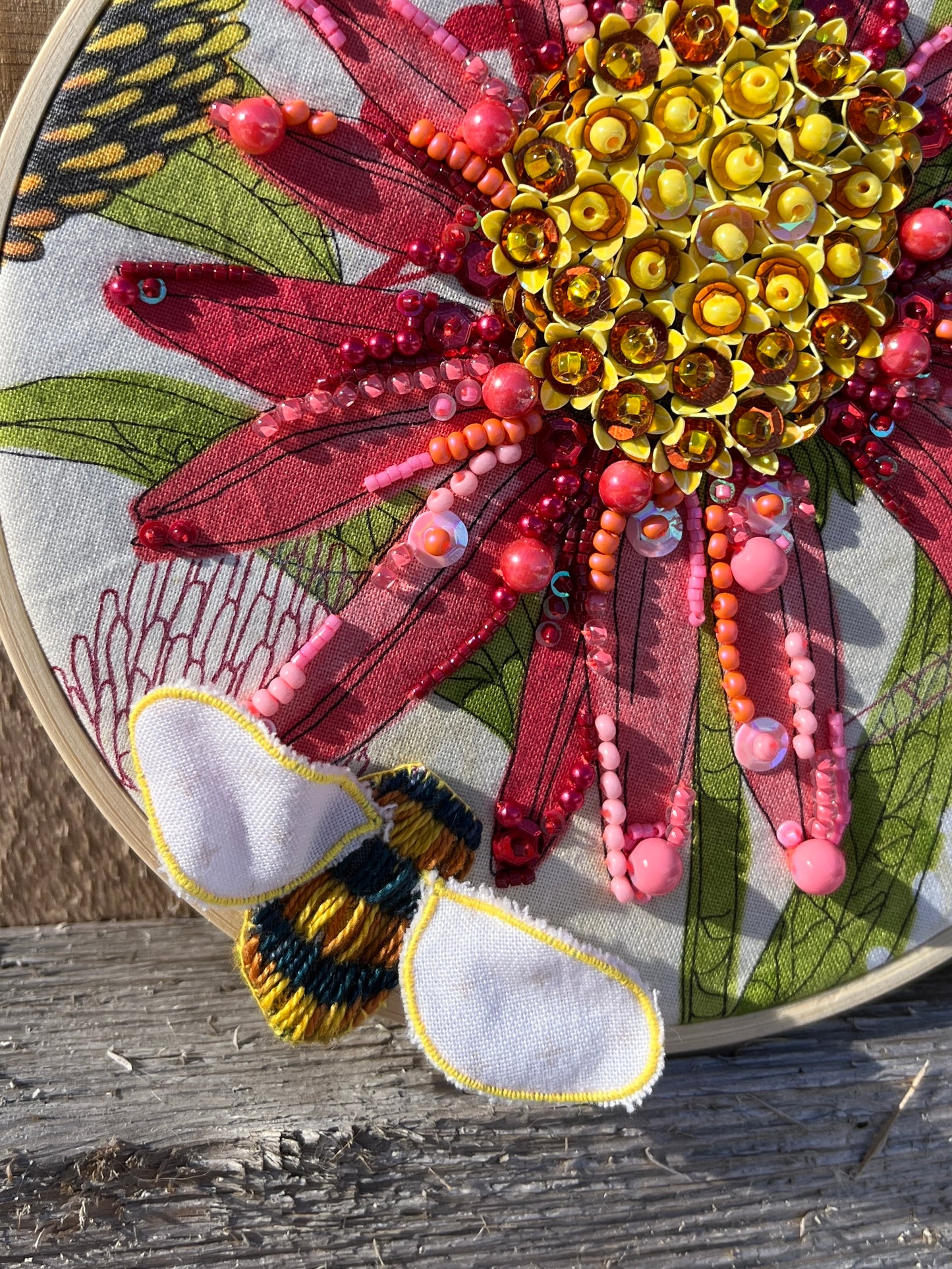 Coneflower and Bee Beaded Hoop