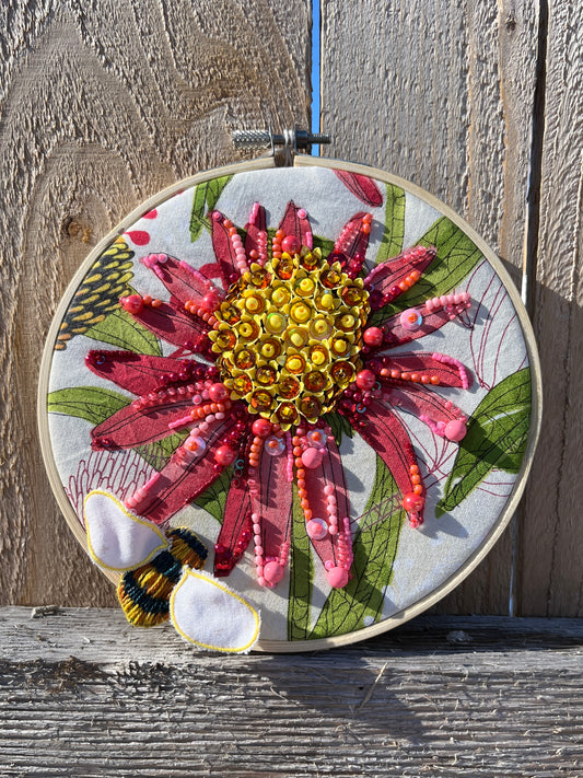 Coneflower and Bee Beaded Hoop