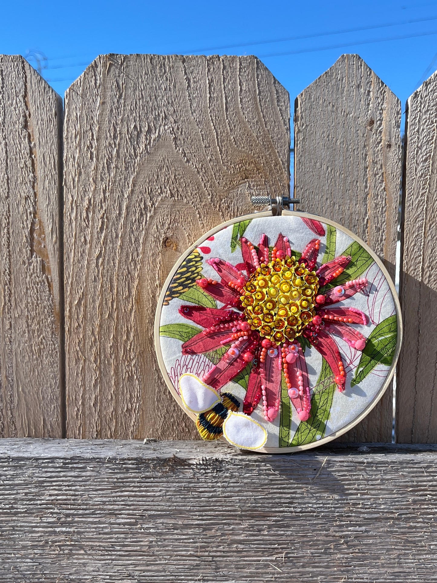 Coneflower and Bee Beaded Hoop