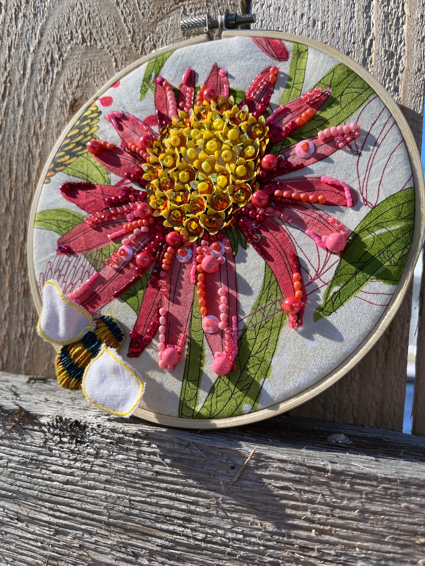 Coneflower and Bee Beaded Hoop